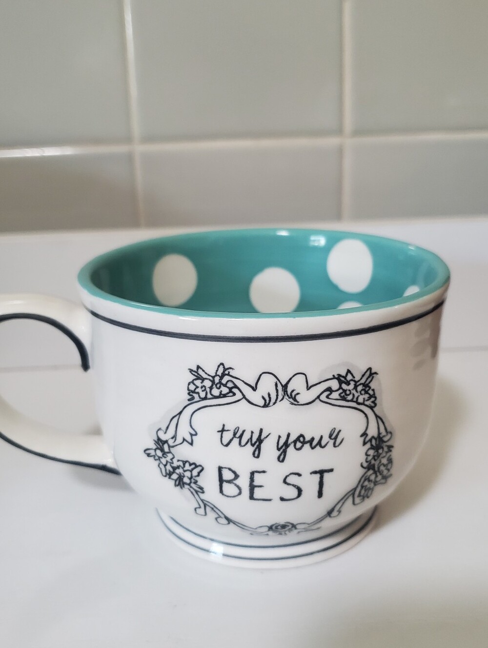 Anthropologie Katie Mandy White And Teal Polka Dot Ceramic Coffee Mug